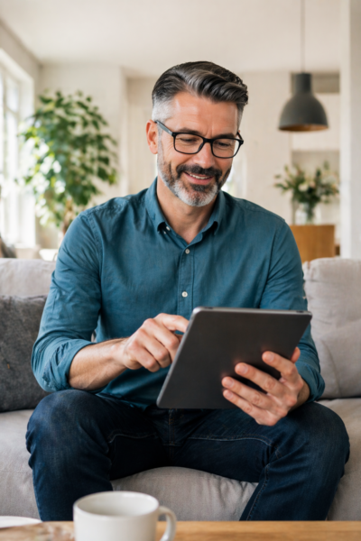 Chat GPT Argetra Kunde mit Tablet im Wohnzimmer