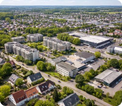Chat GPT Suburbane Vielfalt aus der Luft runde Ecken